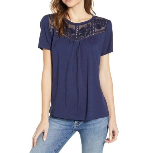 Caslon Embroidered Yoke Slub Jersey Knit Tee Navy Crew Neck Size XL - Picture 6 of 10